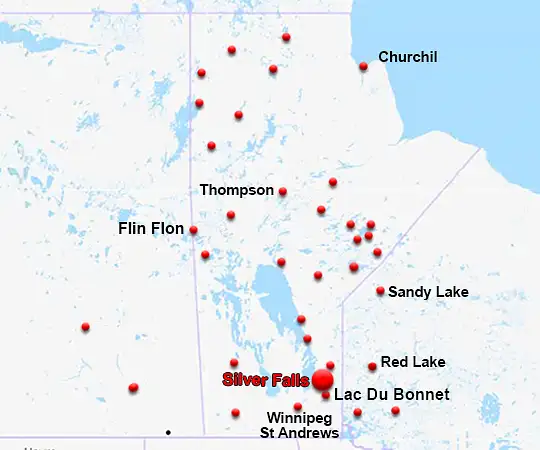 Map showing the location of Silver Falls in Manitoba